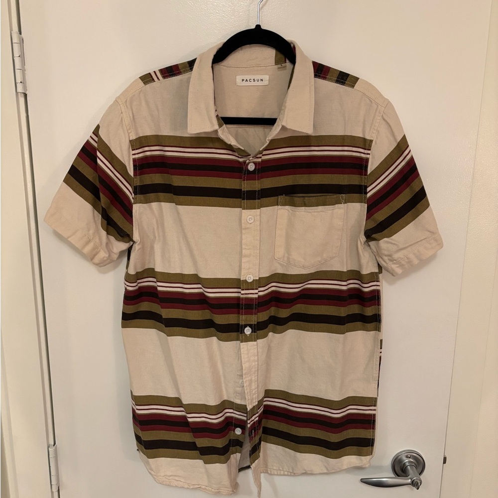 PacSun Men's Casual Striped Shirt - Cream, Brown, Red
